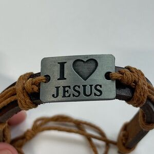 I Love Jesus Brown Leather & Cord Bracelet